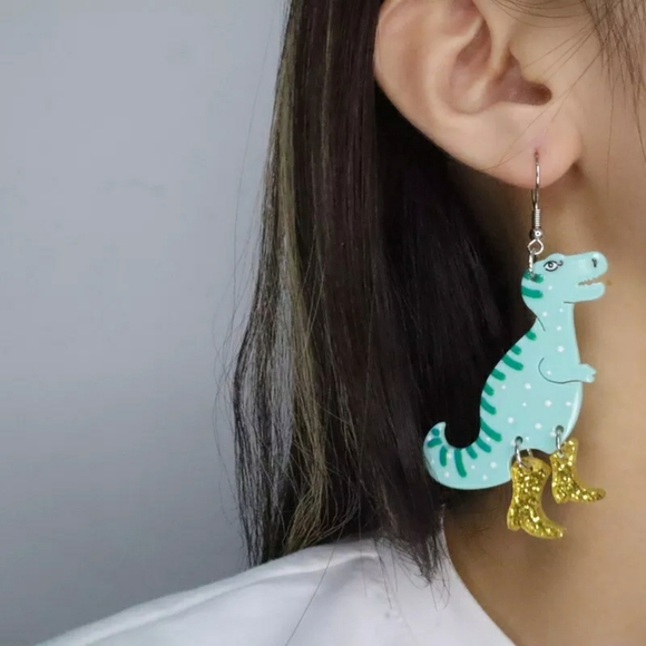 Adorable Blue T Rex Dinosaur in Glittery Boots Women's Earrings Acrylic Jewelry - Picture 2 of 4